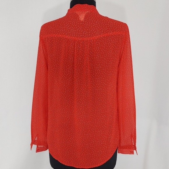Coincidence Chance Bow Tie Button Top S Semi Sheer Red Print Secretary Blouse - Picture 4 of 6